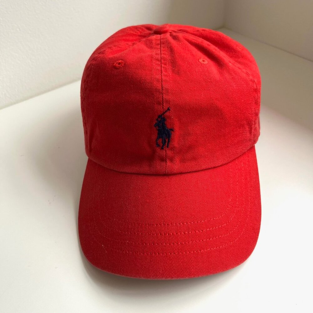 Vintage Polo Ralph Lauren Cotton Chino Ball Cap in Red/Blue with Leather Strap - Picture 4 of 8